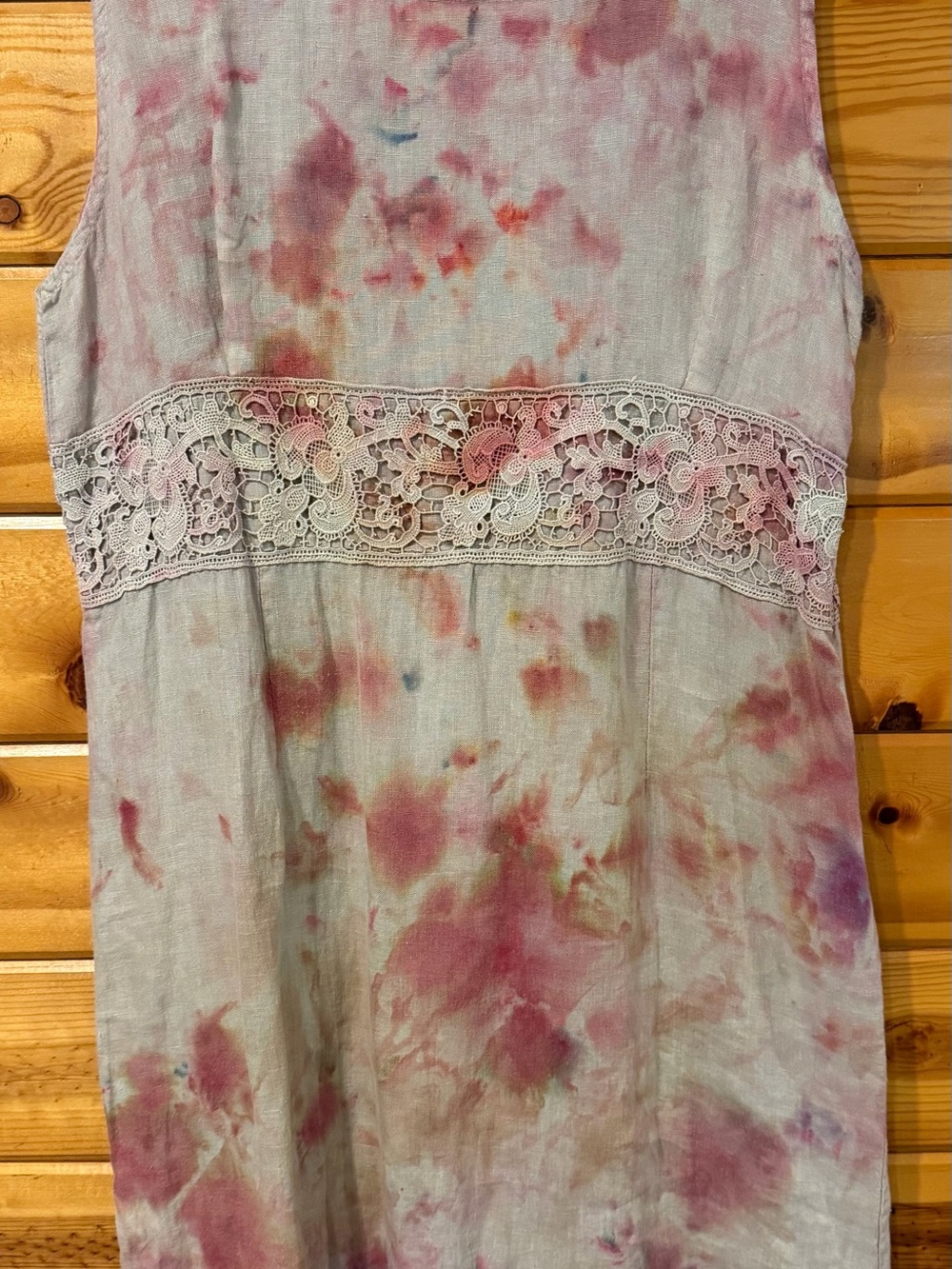 Linen Tie-Dye Midi Dress with Lace Waistband - Pink